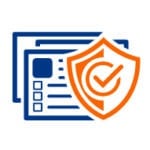 Blue web pages protected by an orange shield with a check mark crest. Representing our SecureGenius® program