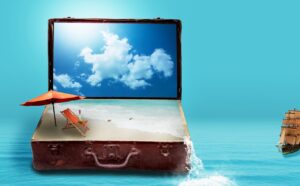 fantasy, nature, to travel, travel, vacations, suitcase, sea, beach, luggage, dreams, holiday plans, travel plans, surreal, imagination, image montage