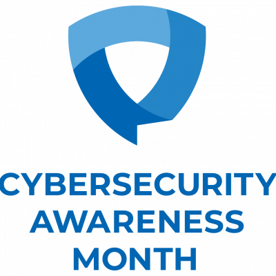 Cybersecurity awareness month blue logo, with the triangular ribbon symbol above the text.