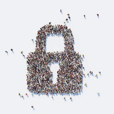Human Crowd Forming A Lock Symbol: Security and Crowdfunding Concept